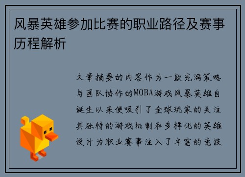 风暴英雄参加比赛的职业路径及赛事历程解析